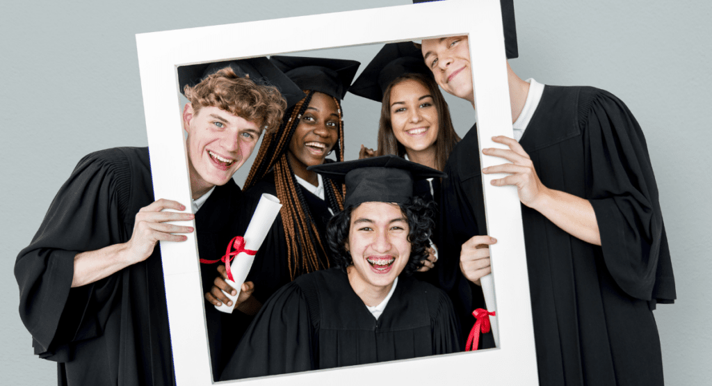 virtual high school students posing with diplomas