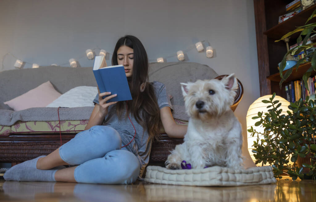 Teenage girl reading a book and have a fun with her cute white dog