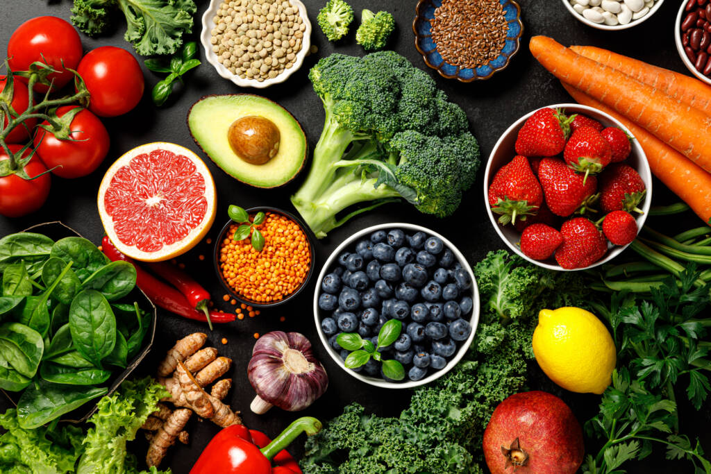 Healthy food. Healthy eating background. Fruit, vegetable, berry.