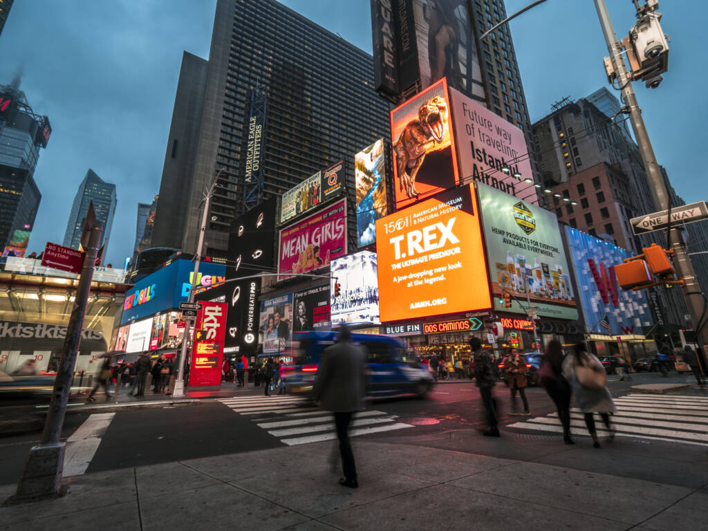 Broadway in Manhattan, New York City in the evening.