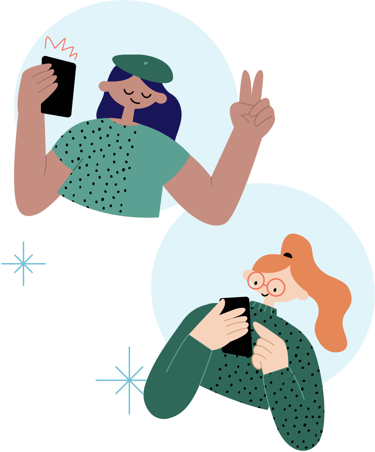 Web Illustration of two learners holding cellphones and smiling