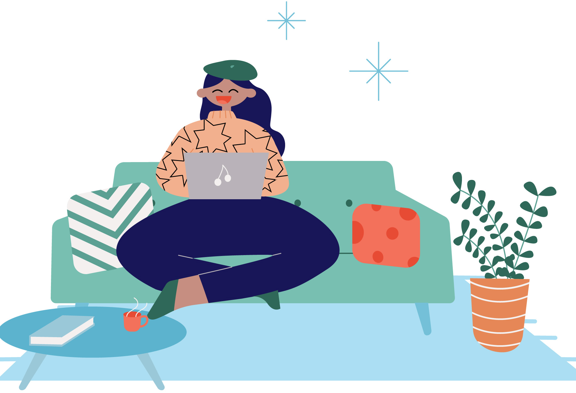 Illustration of an online learner with laptop sitting on couch