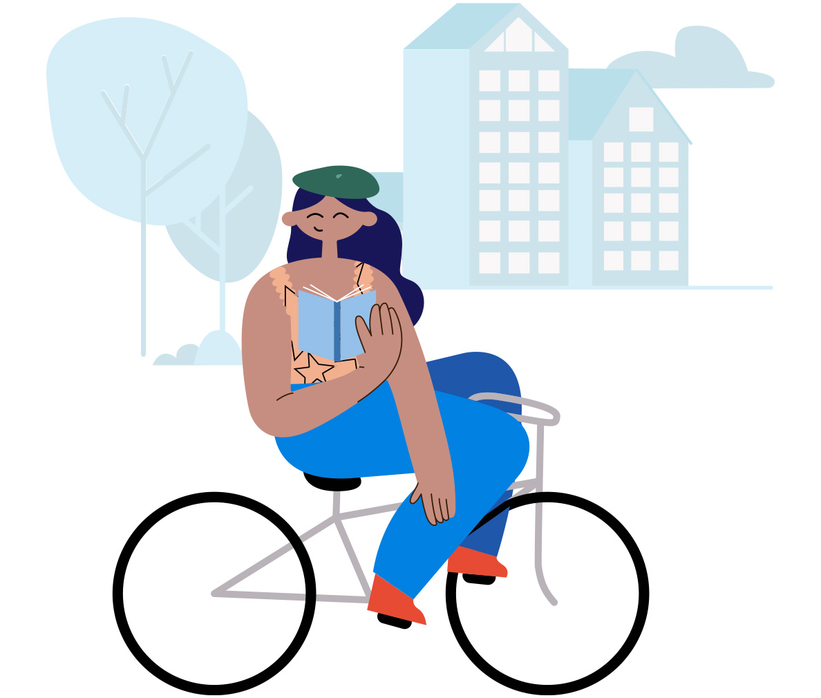 Illustration of a learner reading while sitting on bicycle