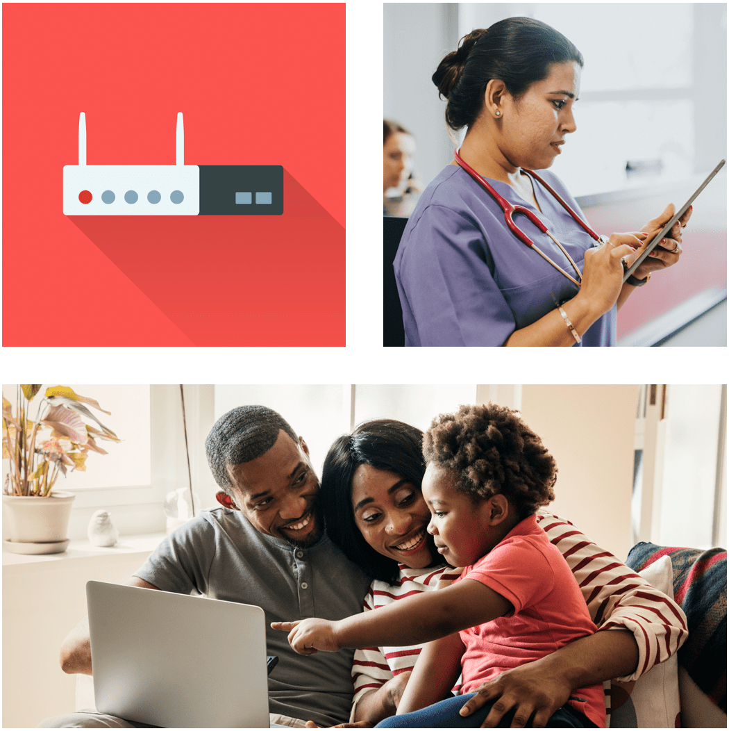 modem, medical worker with tablet, family with computer