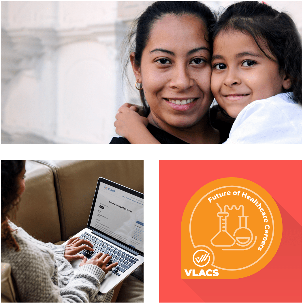 mother and daughter, laptop studying, vlacs badge
