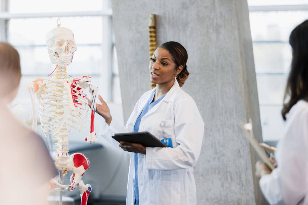 Using the model of the human skeleton, the visiting female professor teaches unrecognizable students about bone structure.