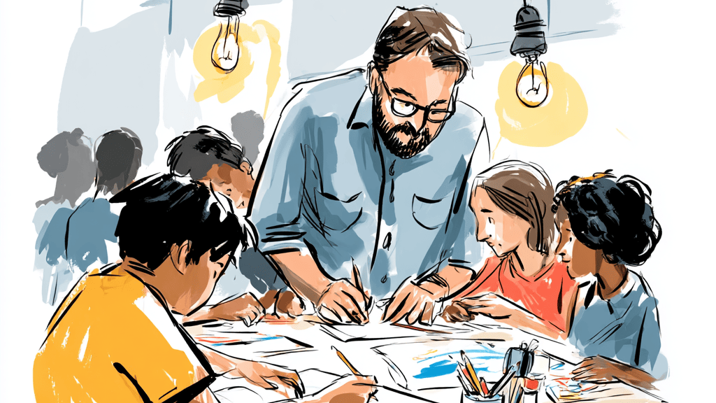 Illustration of a male teacher helping students at a table.